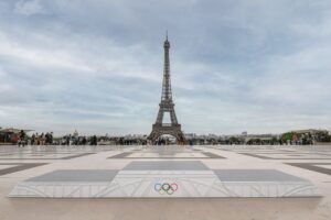 Olympic podium with the Eiffel tower in the background 