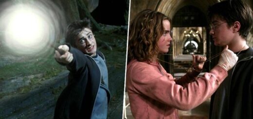 Side-by-side "Prisoner of Azkaban" stills show Harry conjuring a Patronus and Harry and Hermione using the Time Turner.