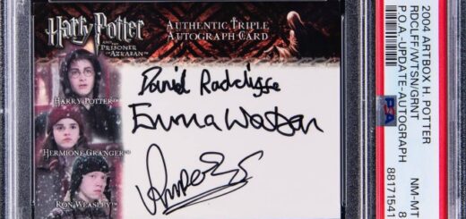 An autographed trading card signed by Daniel Radcliffe, Emma Watson, and Rupert Grint.