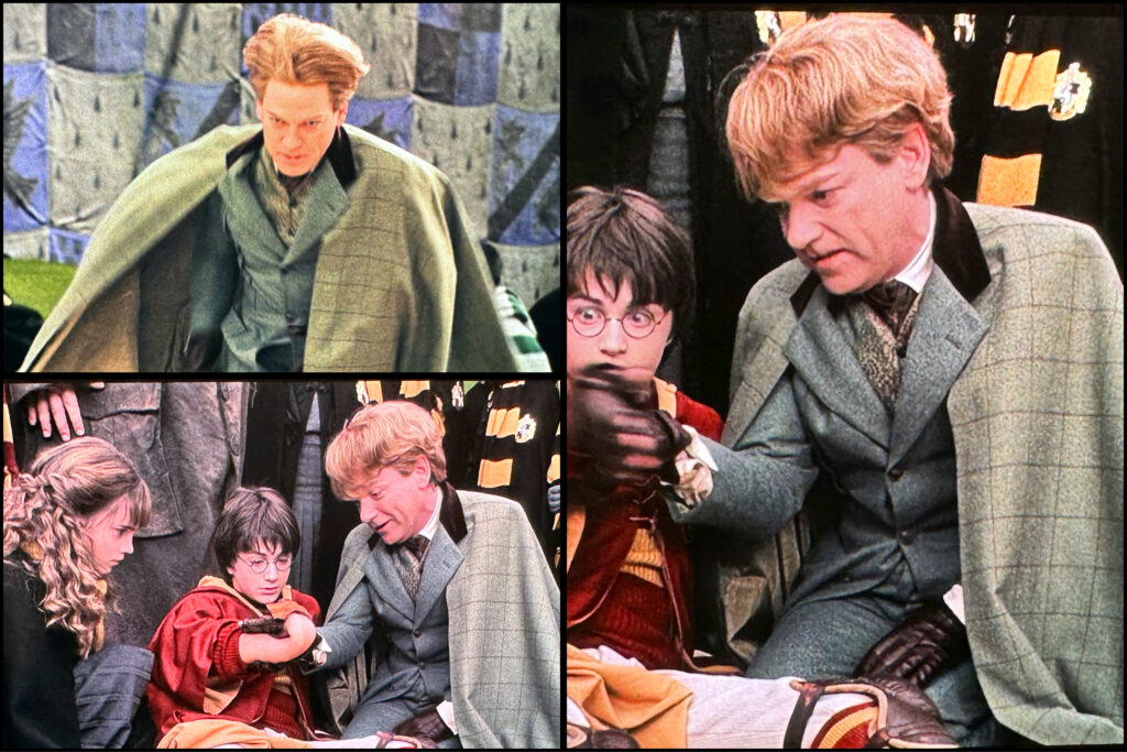 Film stills show several shots of Gilderoy Lockhart in a stunning green suit, while he comedically boggles Harry's broken arm