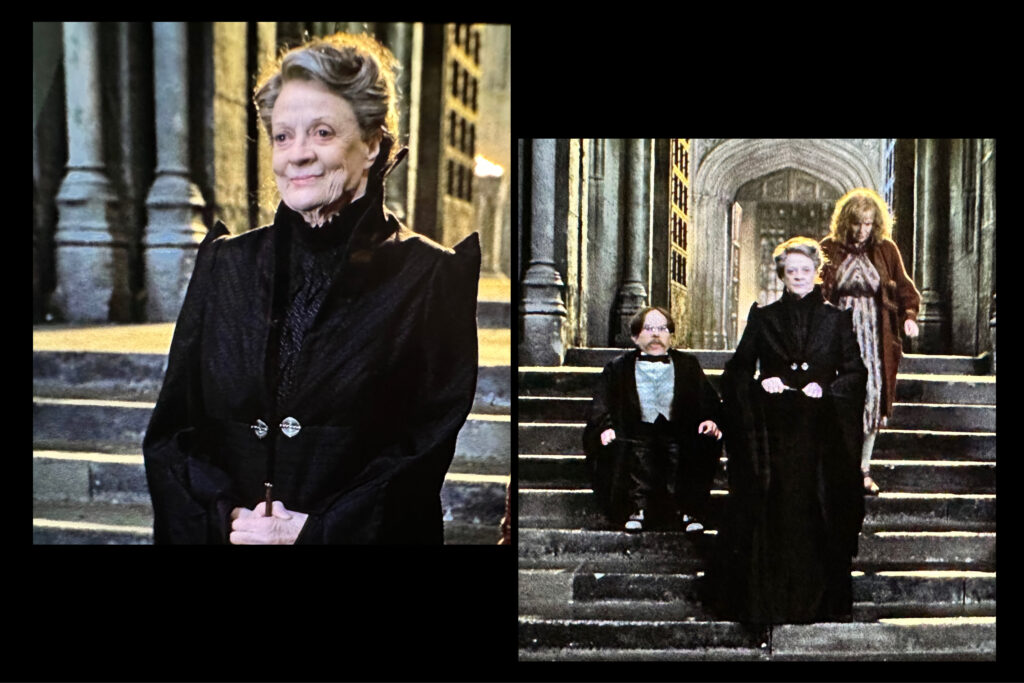 Professor McGonagall stands amidst the battle of Hogwarts, looking very chic in her jet-black robes with pointed shoulders.