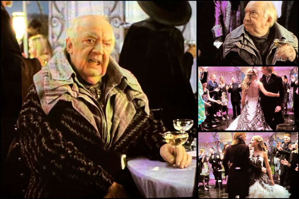 Several images show Elphias Doge, whose dressy jacket has not one—but four lapels! Plus Bill Weasley dancing with his bride, Fleur Delacour. Her dress is black and white and feels as if it was designed to look like a swan