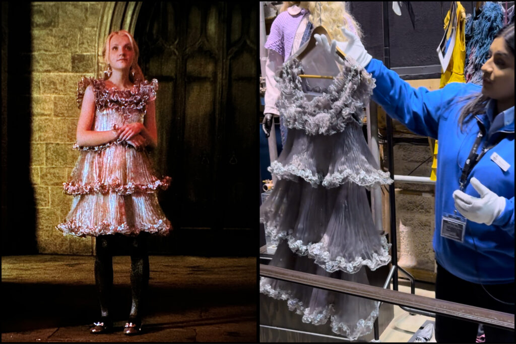 On the left, a film still shows Luna Lovegood standing in a layered silver dress; on the right, a worker at the London Studio tour holds up the same dress for a group of tourists to admire