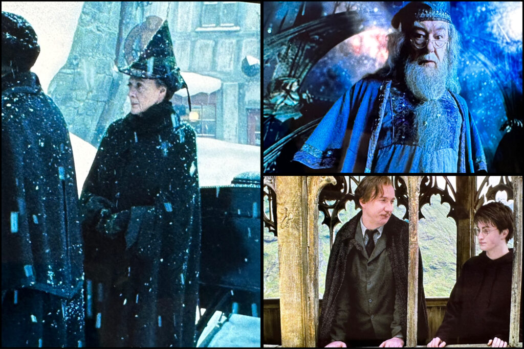 A collage shows Professor Lupin on the Hogwarts bridge wearing a stylish suit, Dumbledore in a dressy set of blue wintry robes, and Professor McGonagall in a chic wintry cape and hat