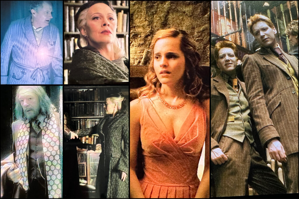 A set of images depict numerous characters: Slughorn in his handsome silk striped pajamas, Narcissa Malfoy in an expensive embroidered coat, a younger Dumbledore in a dotted silk scarf and pinstriped vest, Hermione Granger in a dressy pink cocktail dress, and the Weasley twins in brown striped matching 3-piece suits 