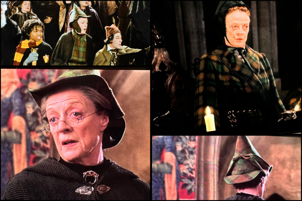 A collage depicts Professor McGonagall wearing numerous Scottish outfits, including a neat evening robe and a tartan witch hat with matching scarf