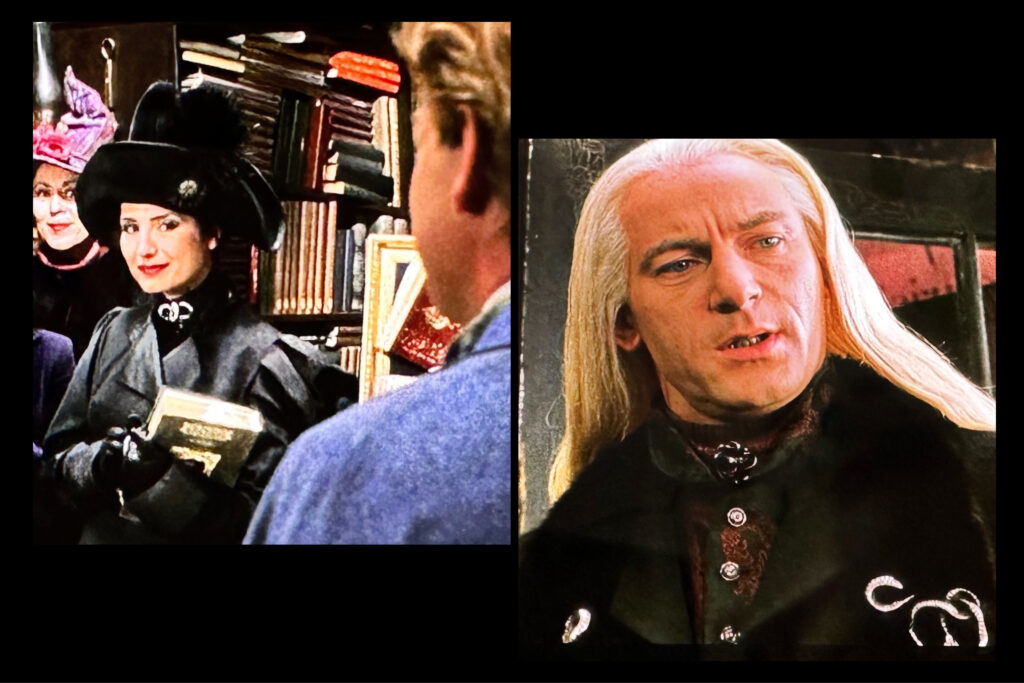 There are two pictures: One of a stylish witch at Gilderoy Lockhart's book signing and another of Lucious Malfoy in a sharp vest and coat