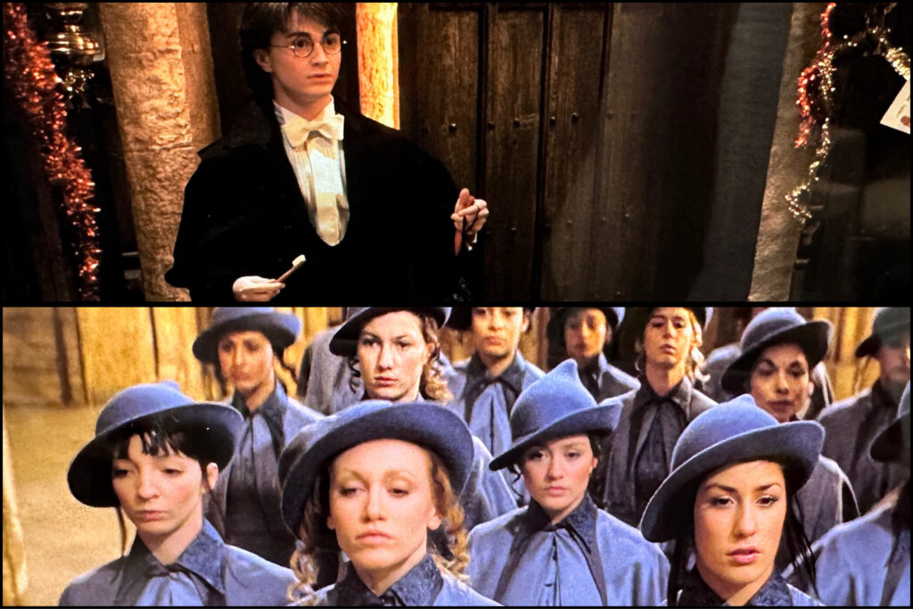 Harry Potter holds a toothbrush while wearing a tuxedo; in another photo below, the Beauxbaton students look stylish in their edgy blue uniforms