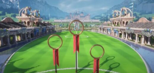 A video still of the "Harry Potter: Quidditch Champions" trailer featuring the Quidditch pitch for Beauxbatons Academy.