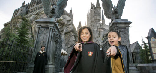 Kids in their Hogwarts robes outside Hogwarts Castle at the Wizarding World of Harry Potter at Universal Orlando Resort