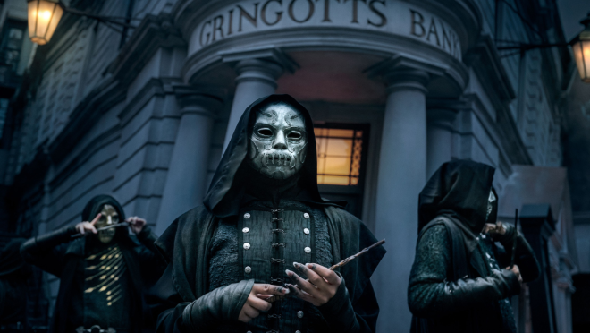 Death Eaters outside Gringotts bank for Halloween Horror Nights 2024.