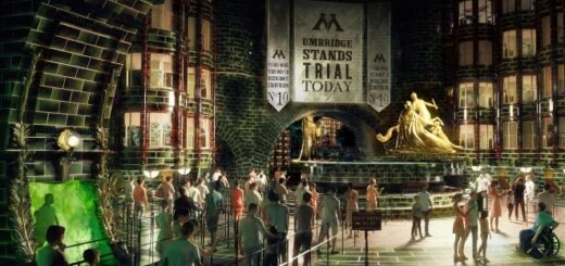 An artists rendering shows the British Ministry of Magic's atrium as it will be seen at Epic Universe. A banner announcing the trial of Dolores Umbridge hangs in the background.