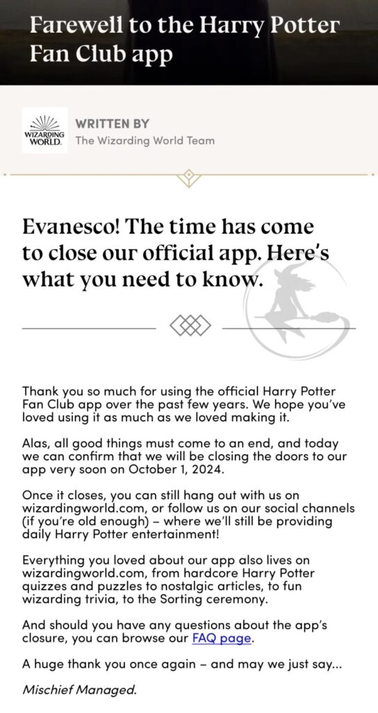 Announcement on the "Harry Potter Fan Club" app.