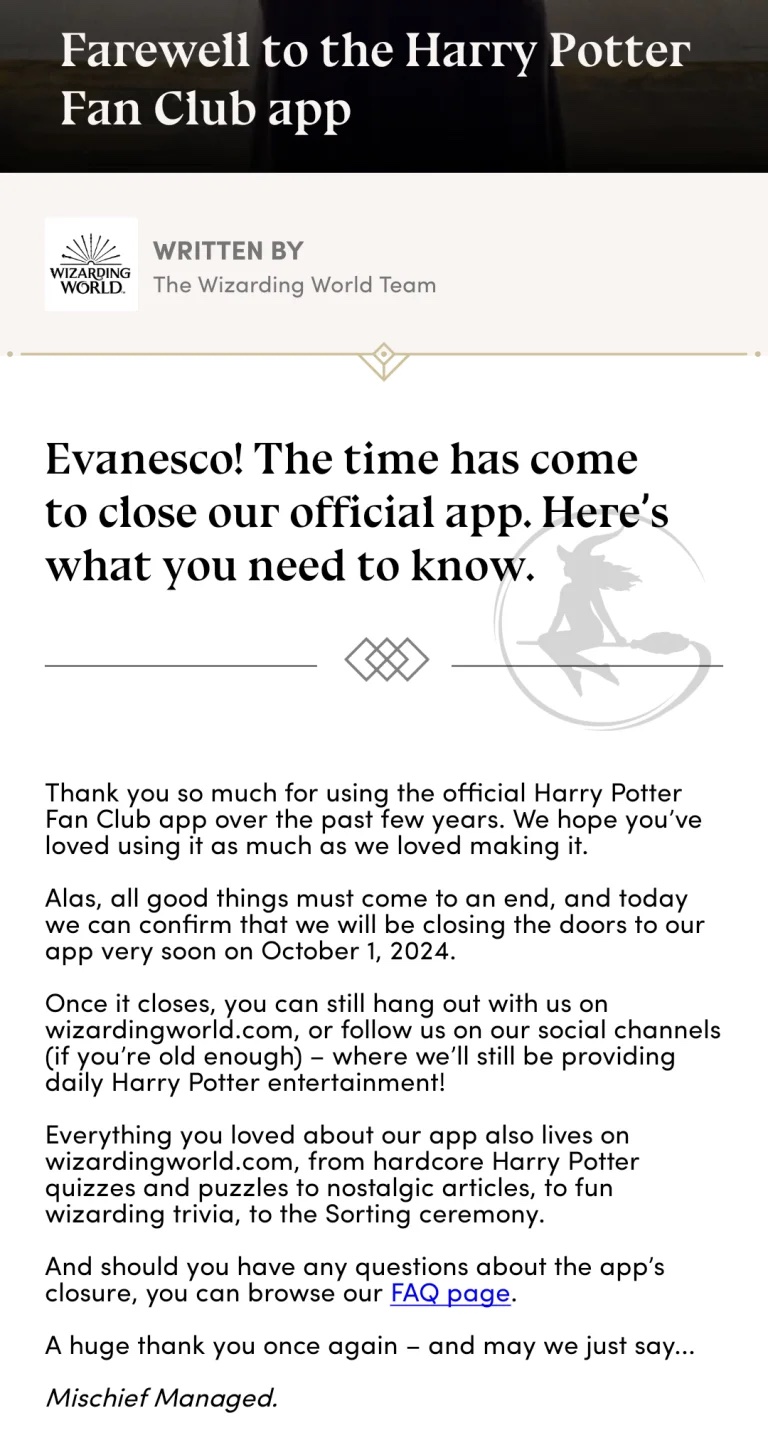 Announcement on "Harry Potter Fan Club" app.