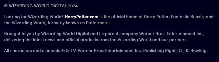 The HarryPotter.com footer reads: "Looking for Wizarding World? HarryPotter.com is the official home of Harry Potter, Fantastic Beasts, and the Wizarding World, formerly known as Pottermore."