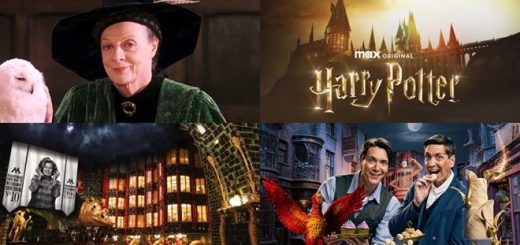 Four images combined, showing Dame Maggie Smith as McGonagall, the Harry Potter TV show logo, the Ministry of Magic attraction at Epic Universe, and James and Oliver Phelps in a promotional image for "Harry Potter: Wizards of Baking"