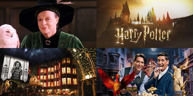 Four images combined, showing Dame Maggie Smith as McGonagall, the Harry Potter TV show logo, the Ministry of Magic attraction at Epic Universe, and James and Oliver Phelps in a promotional image for "Harry Potter: Wizards of Baking"