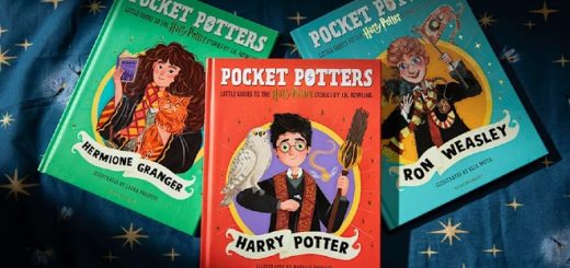 A shot of the covers of the first the "Potter Pocket" books dedicated to Harry, Ron, and Hermione.