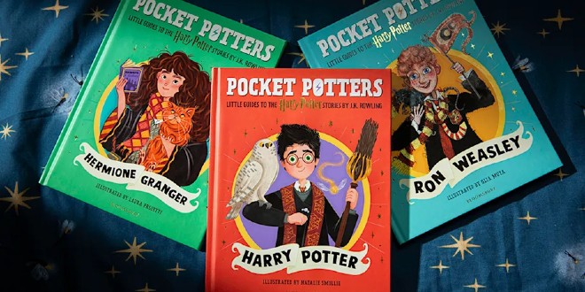 A shot of the covers of the first the "Potter Pocket" books dedicated to Harry, Ron, and Hermione.