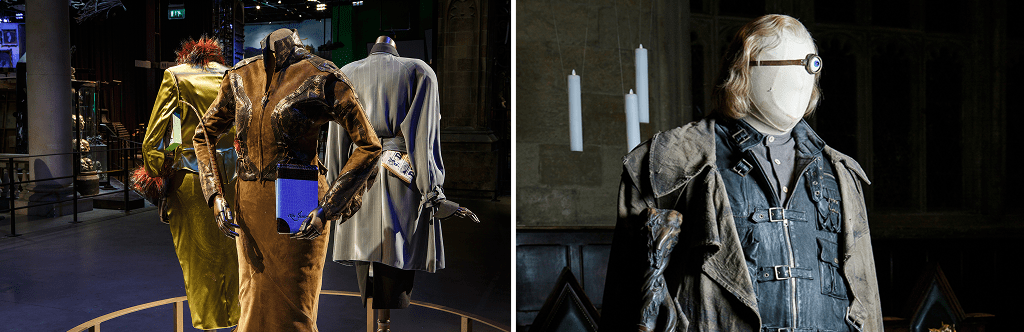 Rita Skeeter and Mad-Eye Moody's costumes on display.