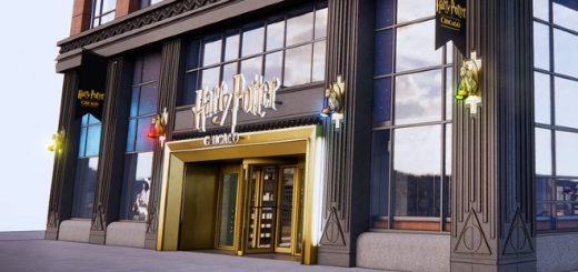 Concept art for the front of the Harry Potter Shop in Chicago shows Deathly Hallow symbols and a golden revolving door.