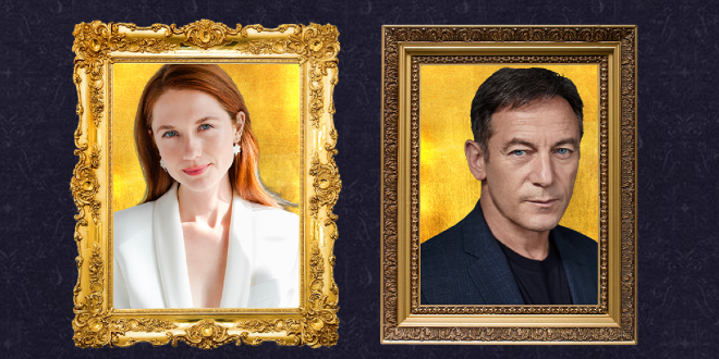 Graphic from "Harry Potter and the Cursed Child" showing Bonnie Wright and Jason Isaacs.