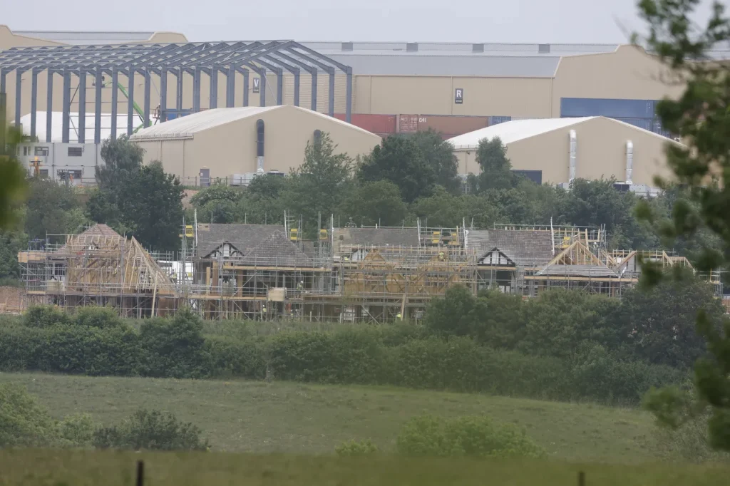 The view of the construction site with Leavesden Studios in the background