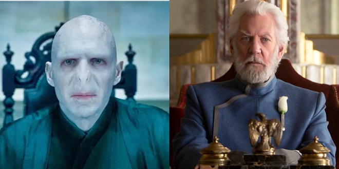 Ralph Fiennes as Voldemort and Donald Sutherland as President Snow