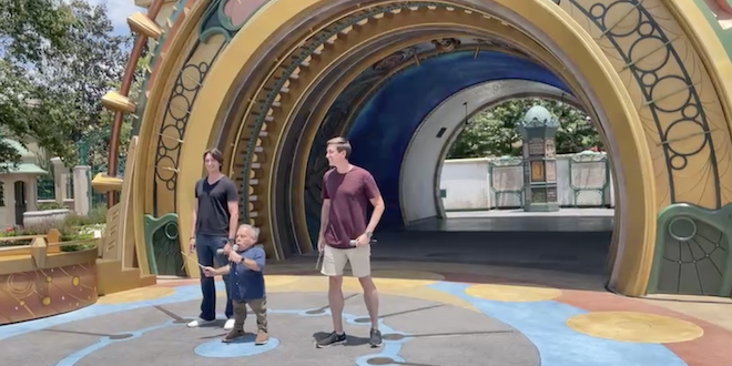 Warwick Davis, James Phelps, and Oliver Phelps at Epic Universe opening