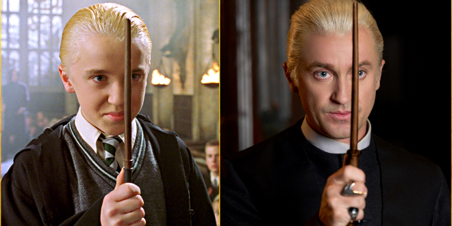 Tom Felton as Draco Malfoy in "Harry Potter and the Chamber of Secrets" alongside Tom Felton as Draco Malfoy in "Harry Potter and the Cursed Child."