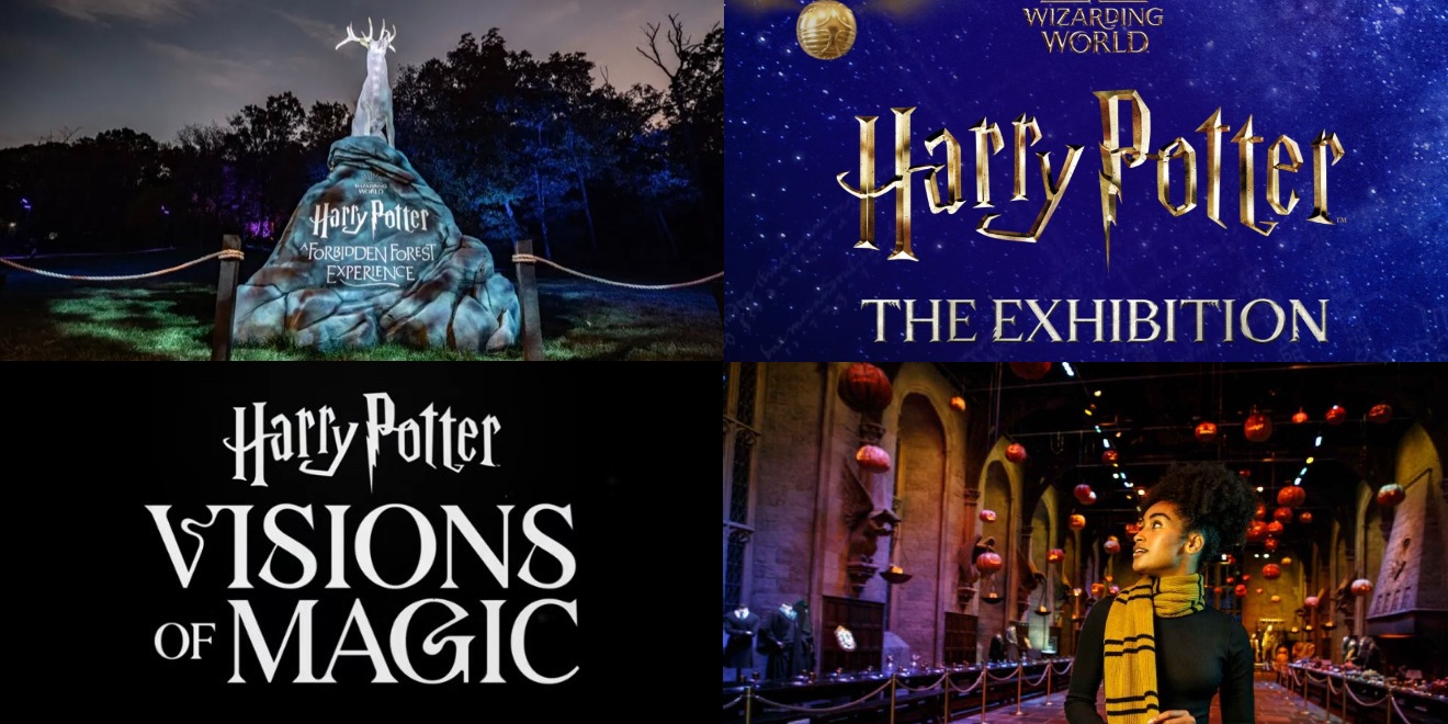 Four promotional images for Harry Potter: A Forbidden Forest Experience, Harry Potter: The Exhibition, Harry Potter: Visions of Magic, and the Warner Bros. Studio Tour London