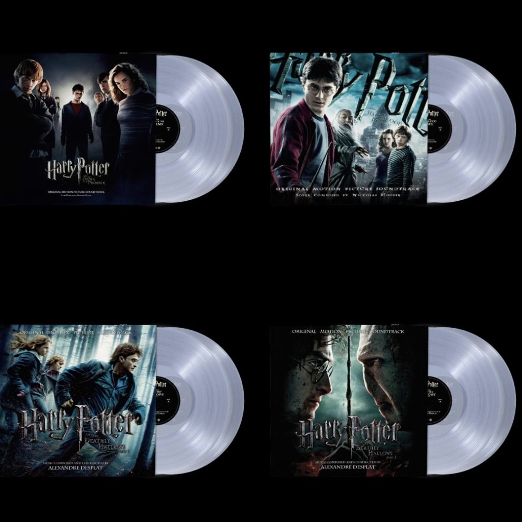 The four new “Harry Potter” clear vinyl soundtrack covers. 