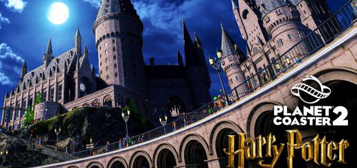 A YouTube thumbnail of Hogwarts Castle and the Planet Coaster 2 logo